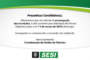 Sesi divulga nova data de provas dos Processos Seletivos 2016